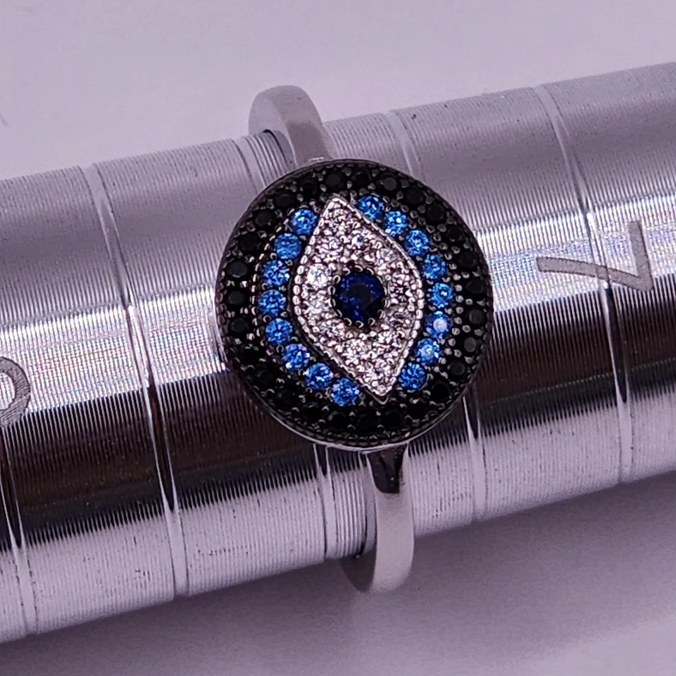 Anillo redondo de plata de ley 925 enchapado en rodio mal de ojo negro azul circonita cúbica transparente Foto 3 de 4