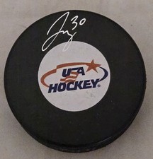 Jake Oettinger Signed USA Hockey Puck FANATICS AUTHENTICATION Auto Olympics Gold