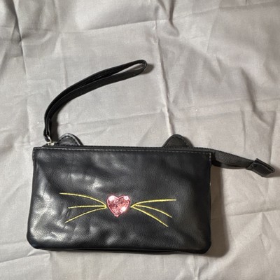 Black Cat Face Wristlet for Women with Heart Nose, Applique, Embroidery, Detach 