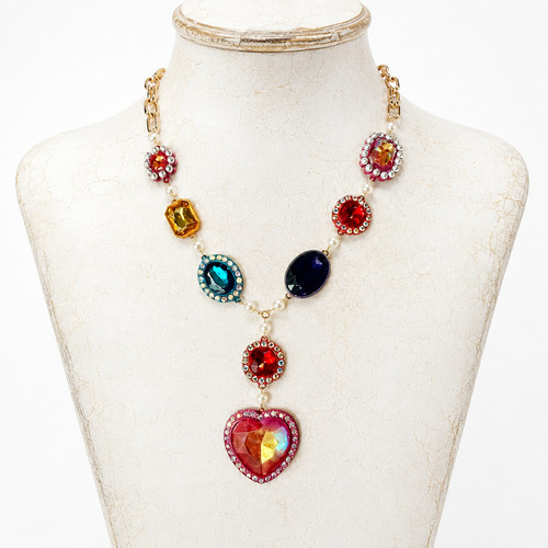 Betsey Johnson Pop Heart Drama Crystal Gemstone Collar Necklace Multi Color Gold