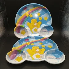 2004 Sunshine CareBears Toddler Food Plate Set Of 2, 3 Section Plastic Reusable 