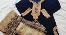 Navy Blue Velvet Embroidered Salwar Kameez with Dupatta for Women