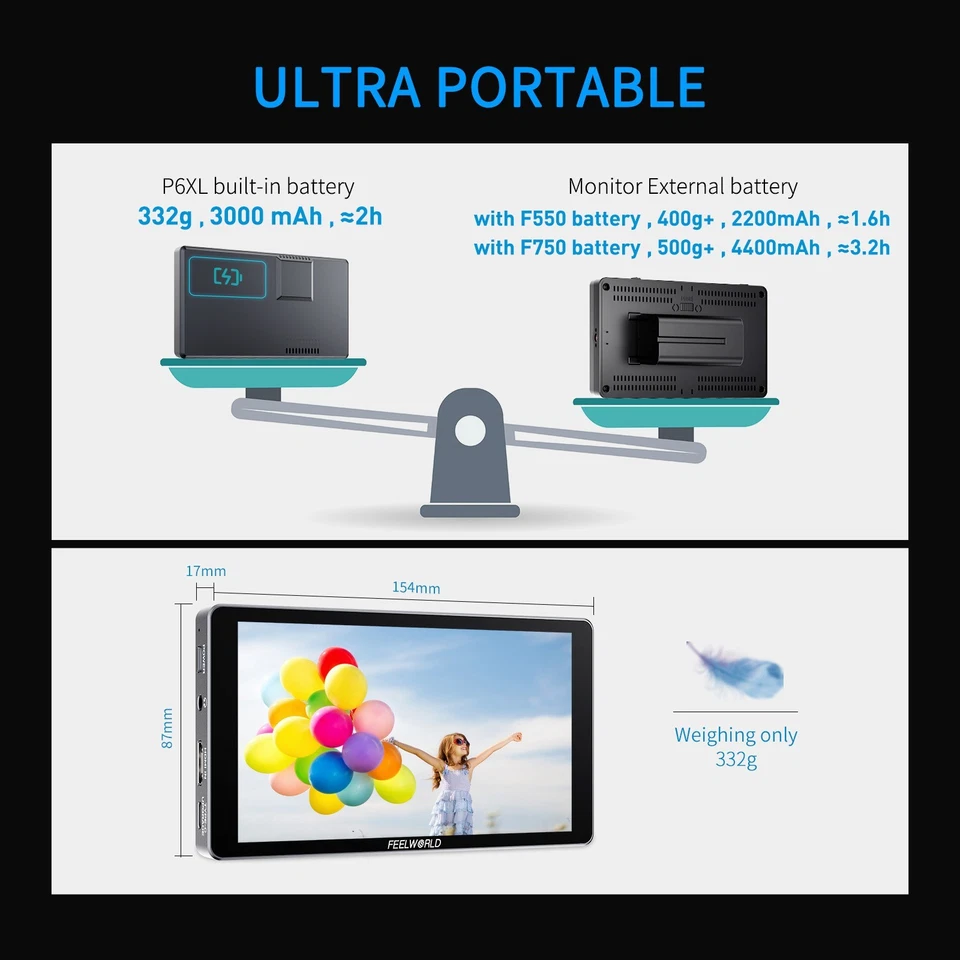 Feelworld P6XL 6 дюймов алюминиевый встроенный аккумулятор цифровой однообъективный зеркальный фотоаппарат полевой монитор сенсорный - Изображение 4 из 4