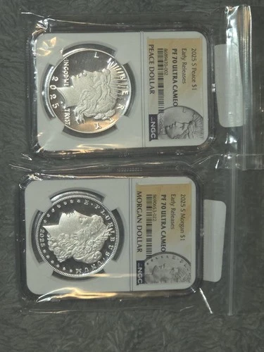 2025-S Proof $1 Morgan and Peace Silver Dollar 2pc Set NGC PF70UC ER Morgan