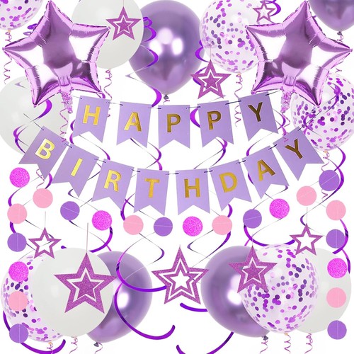 Purple Birthday Decorations, Happy Birthday Banner and Purple Star Balloons