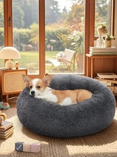 OhGeni Calming Donut Dog & Cat Bed Pillow, Small (23 x 23 x 7 Inch), Gray 