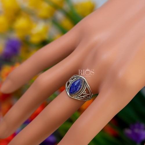 New 925 Sterling Silver Marquise Lapis Lazuli Gemstone Women Boho Ring Boxed - Picture 3 of 7