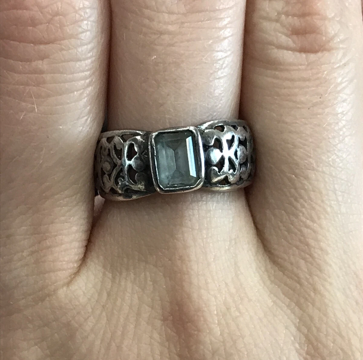 Vintage Sterling Silver 925 SU Blue Stone Topaz Ornate Band Ring