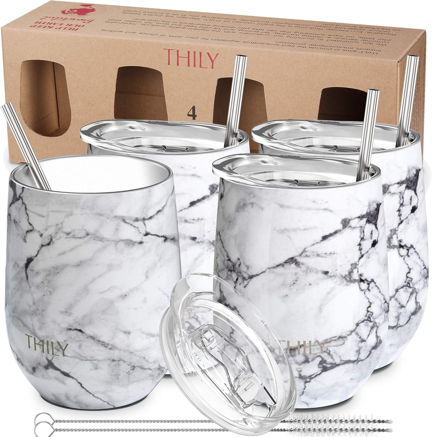 Stainless Steel Stemless Wine Tumbler 4 Pack Vacuum Insulated Travel Wine Glasse