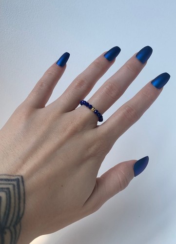 Lapis Lazuli & Pyrite Faceted Round Gemstone Beads Stretchable Rings For Girls - Picture 9 of 15