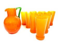 Art Deco Charles Schneider Orange Tango Glas Limonade Kanne & Becher Set Antik