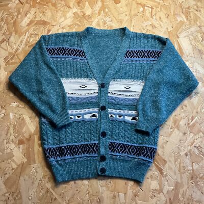 Vintage blaue Opa Strickjacke abstraktes Muster Pullover Coogi Style M / L