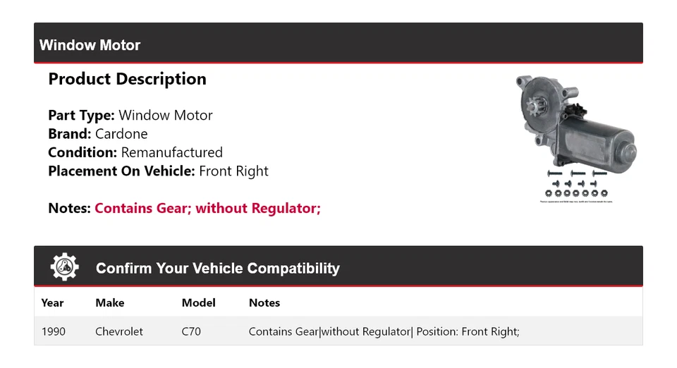 Chevrolet C70 1990 ventana motor delantero derecho cardone Foto 2 de 4
