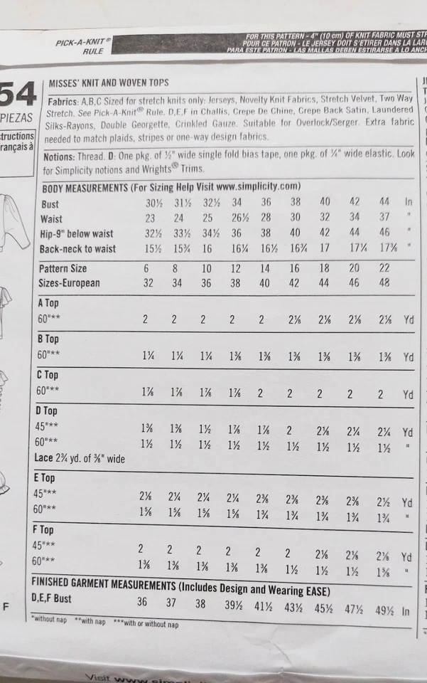 Simplicity 2554 Stretch Knit Woven Top Size 6-14 Uncut Sewing Pattern 2009 - Image 3 of 4