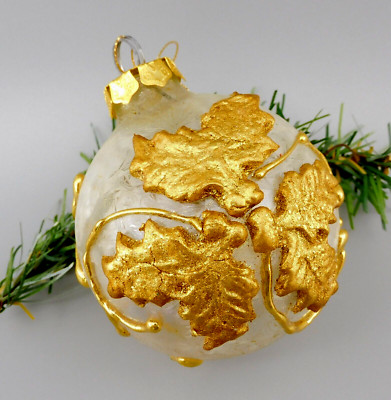 Frosted Glass with Gold Holly Raised Design on Christmas Ornament 3-1/4'' (e-21)