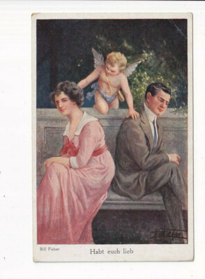 ancient postcard gallery Munich master ''love yourselves'' angel with couple // 22