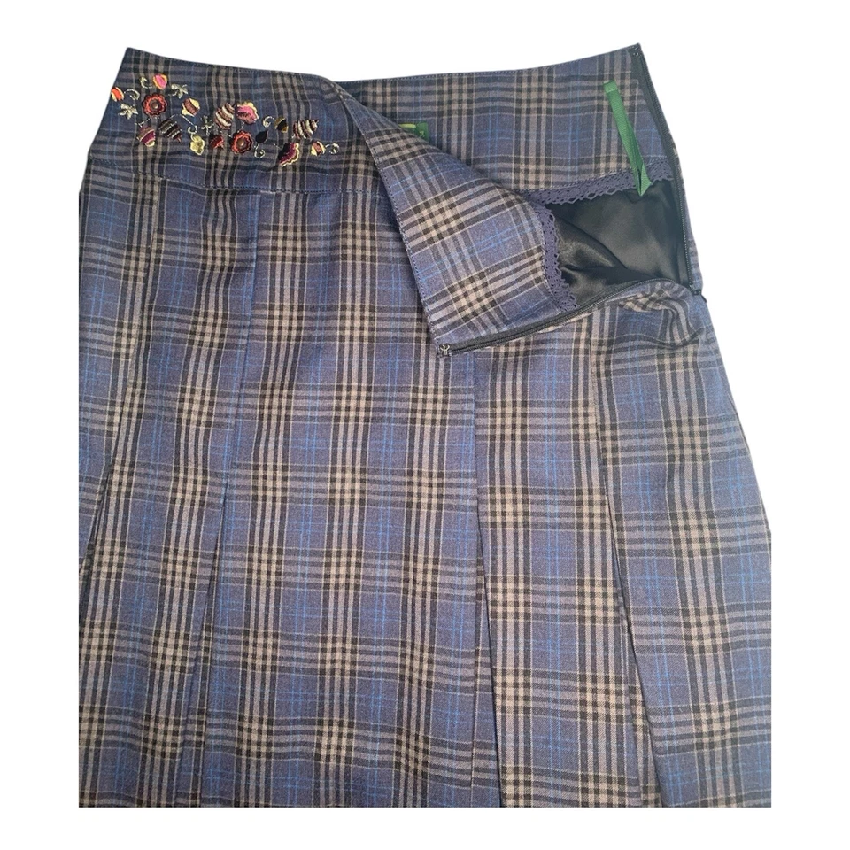 Маслянистая шерстяная юбка синяя клетчатая плиссированная вышитая талия размер XS 4 новая с ценниками опрятная - Изображение 4 из 4