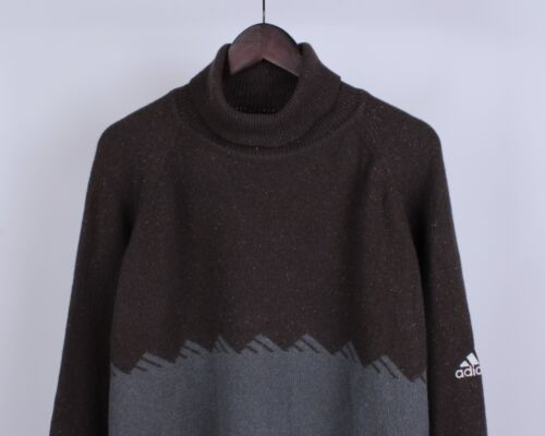 Mens ADIDAS Vintage Wool Blend Multi Logo Brown Gray Turtle Neck Sweater Size XL - Picture 2 of 18