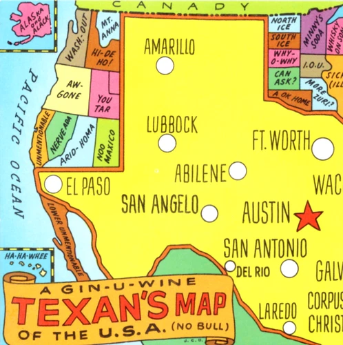 Texans Map of USA Slang Humor c1940 Postcard, Brewster County
