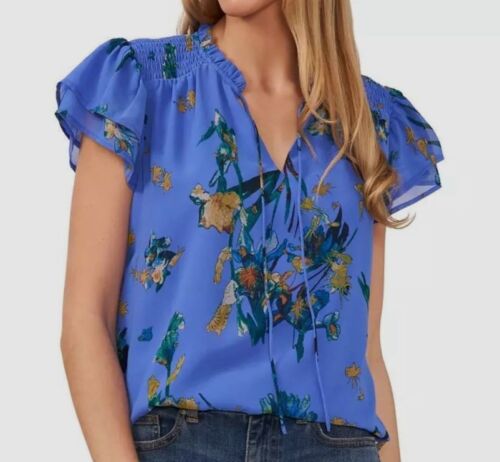 CeCe Women's Blue Tie Neck Tiered Flutter Sleeve Blouse Top Size M
