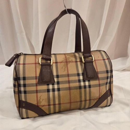 Burberry Mini Boston Bag Nova Check PVC Leather Handbag Beige Auth