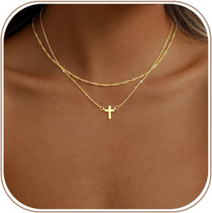 Authentic Gold Necklace for Women Dainty 14K Gold Plated Choker Cross Flower Cubic Zirconi