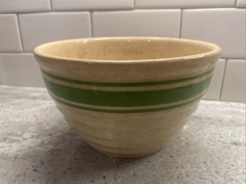 Hull Beehive  Green Stripe Yellowware Mixing Bowl 7 1/2" Wide