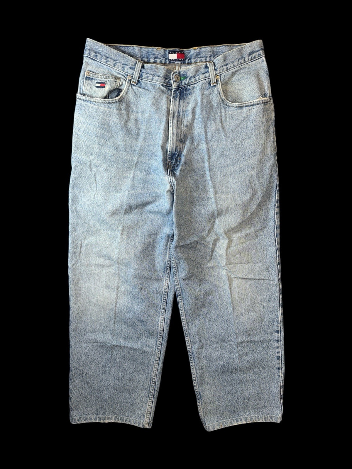 Vintage 90s Tommy Hilfiger Baggy Blue Jeans Mens 34x30 Flag Logo Spellout