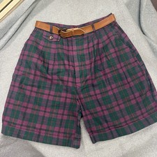 Vintage Small Tartan Plaid Long Shorts Belted Pockets Pleated High Waisted