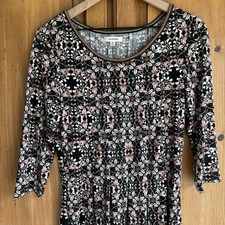 Max Studio Shift Dress Large Black Floral Stretch 3/4 Sleeve Geometric Office