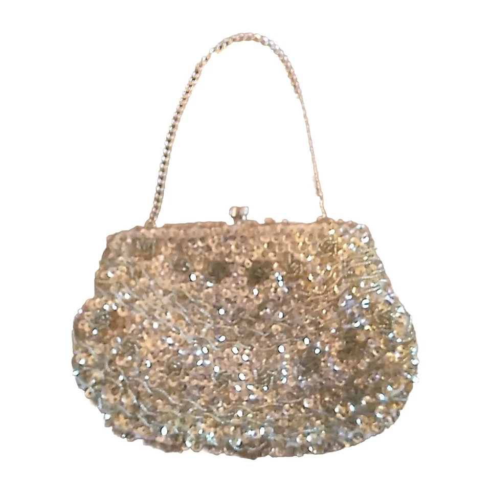 Bolso de Noche de Colección Dorado con Cuentas y Lentejuelas Cartera Correa de Cadena Hong Kong Bloqueo de Beso Usado en Excelente Condición Foto 2 de 4