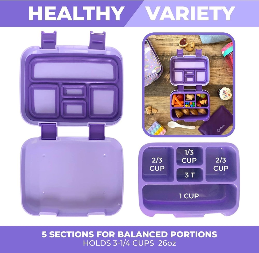 Insulated Kids Bento Box Lunch Bag with Ice Pack - Purple Unicorn Set for Ages 7