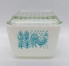 VTG Pyrex Turquoise Amish Butterprint 0502 1 1/2 Pt. Dish W/ Lid Rooster Corn
