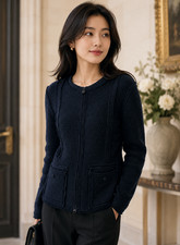 CHANEL Jacket 36 FR Black Navy Vintage Wood Zip Up Double Pockets US 4 Classic