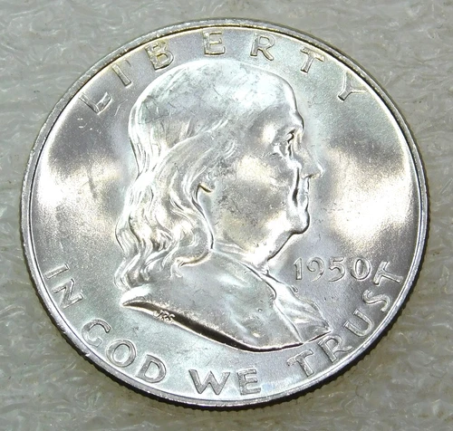 1950 D Franklin Half Dollar BU 98% FBL Frosty White Luster in saflip #P340