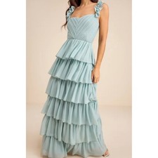 Lulus Alba Light Blue Ruffled Tiered Maxi Dress Wedding Small NWT 2858