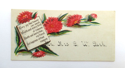 Vintage Victorian Calling Card Chrysanthemum Flowers Poem to Mr & Mrs B W Park