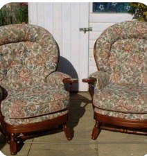 Ercol High  Back Arm Chairs Set Of 2 Shabby Chic, Victorian Tapestry Fabric 