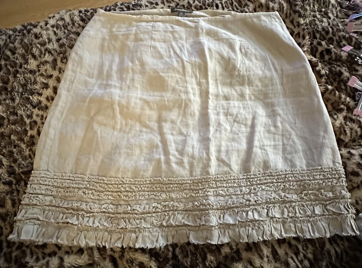 Tommy Bahama Relax 100% Linen Knee Length Beige Skirt Size 14 Side Zip Ruffle
