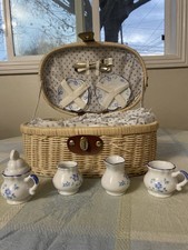 Children's Porcelain Tea Set Blue Floral Pattern in Wicker Picnic Basket
