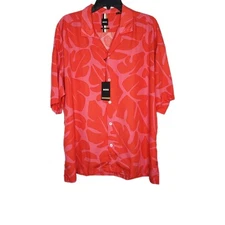 Hugo Boss Mens Drew Relaxed Fit Short Sleeve Button Up Camp Collar Pink/Red  XL