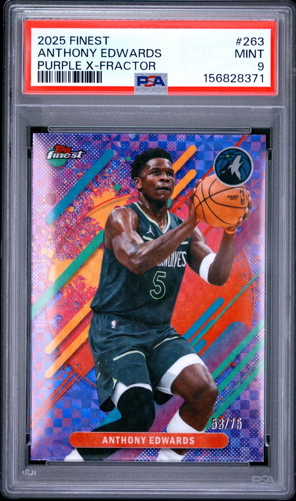 2025 TOPPS FINEST PURPLE X-FRACTOR #263 ANTHONY EDWARDS 53/75 PSA 9 view 1
