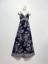 Y2K Navy Blue Butterfly Print Strappy Pure Cotton Long Maxi Summer Dress UK 10
