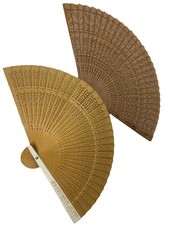 Lot Of 2 Vintage Wooden Hand Fans Oriental Design Light And Dark Brown