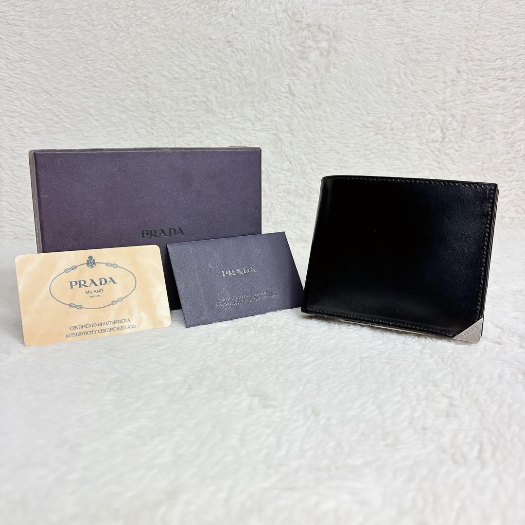 Prada M513 Vitello Box Leather Black Bi-Fold Wallet Compact Pre-Owned