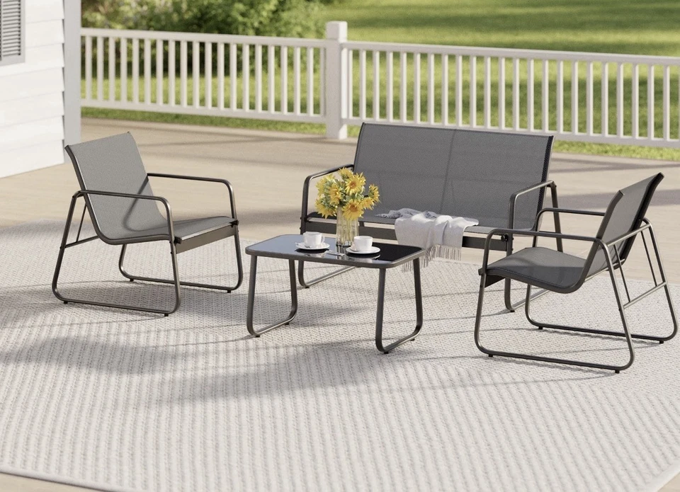 Juego de 4 piezas de patio, juego de muebles de exterior/loveseat y tela textil fresca, gris Foto 2 de 4