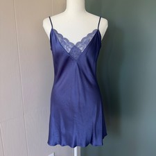 VTG Victorias Secret 100 Silk Lace Trim Slip Dress Purple Deep V Back Medium