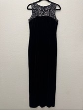 Chaps Black Velvet Maxi Dress Sheer Sequin Mesh Neckline Y2K Whimsigoth Size 10