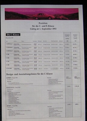 Mercedes C and E Class Price List 01/09/1993 Esprit Elegance Sport