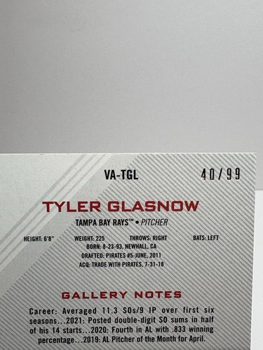 2022 Topps Gallery - Veterans Autographs Green #VA-TGL Tyler Glasnow /99 (AU) - Picture 5 of 7